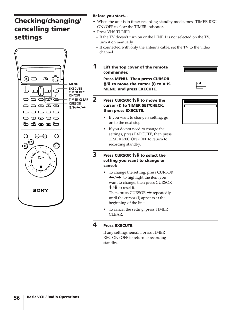 Checking/changing/ cancelling timer settings, Before you start, Basic vcr / radio operations | Sony SLV-AV100C User Manual | Page 56 / 104
