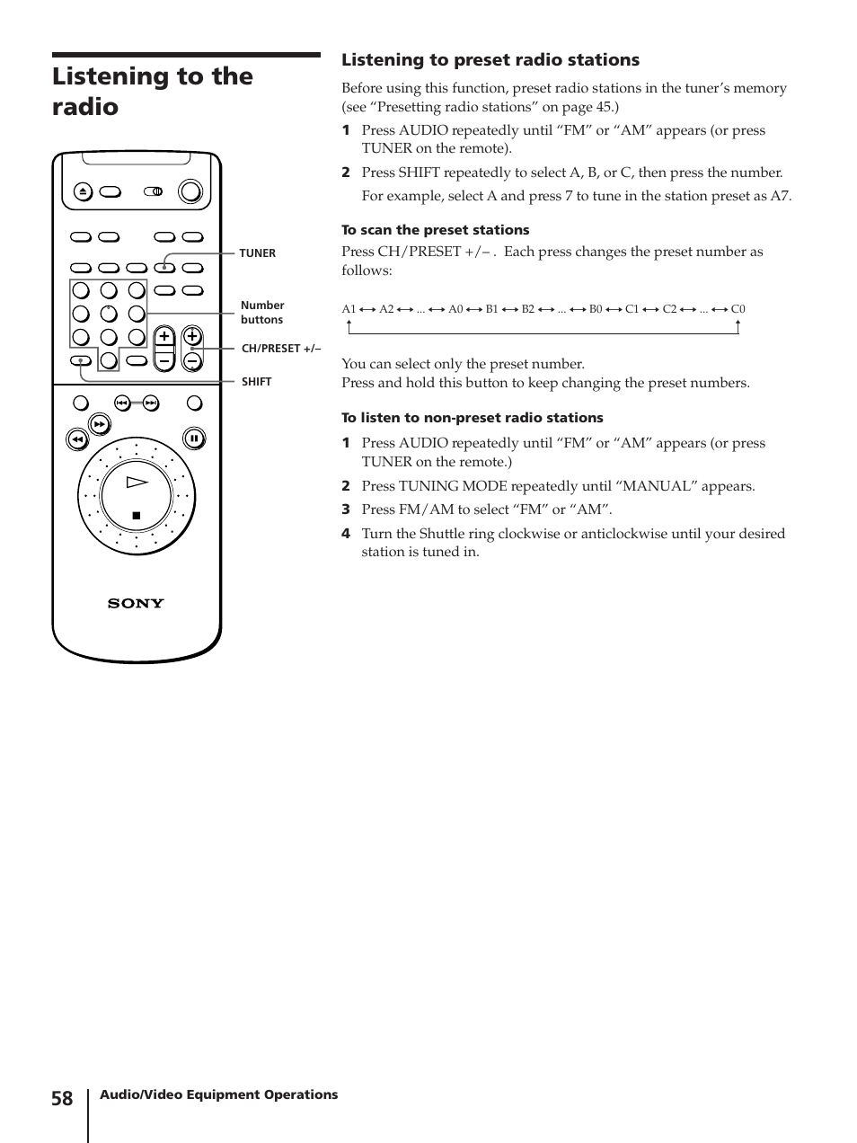 Listening to the radio, Listening to preset radio stations | Sony SLV-AV100C User Manual | Page 58 / 104