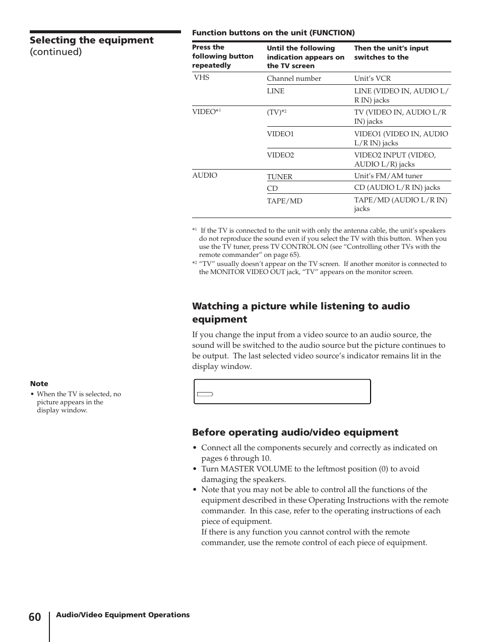 Before operating audio/video equipment, Selecting the equipment (continued) | Sony SLV-AV100C User Manual | Page 60 / 104