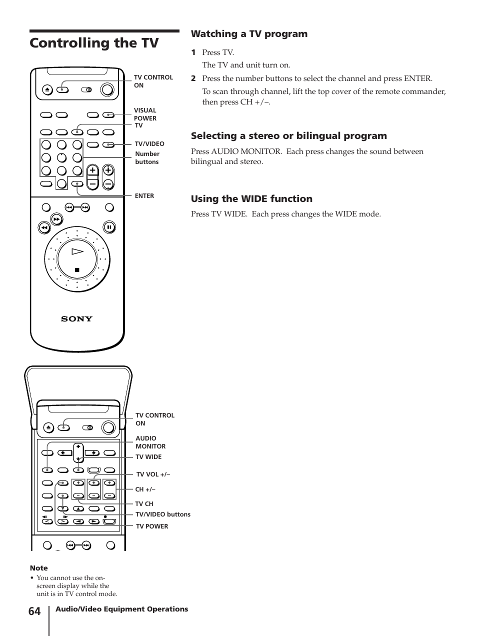 Controlling the tv, Watching a tv program, Selecting a stereo or bilingual program | Using the wide function | Sony SLV-AV100C User Manual | Page 64 / 104
