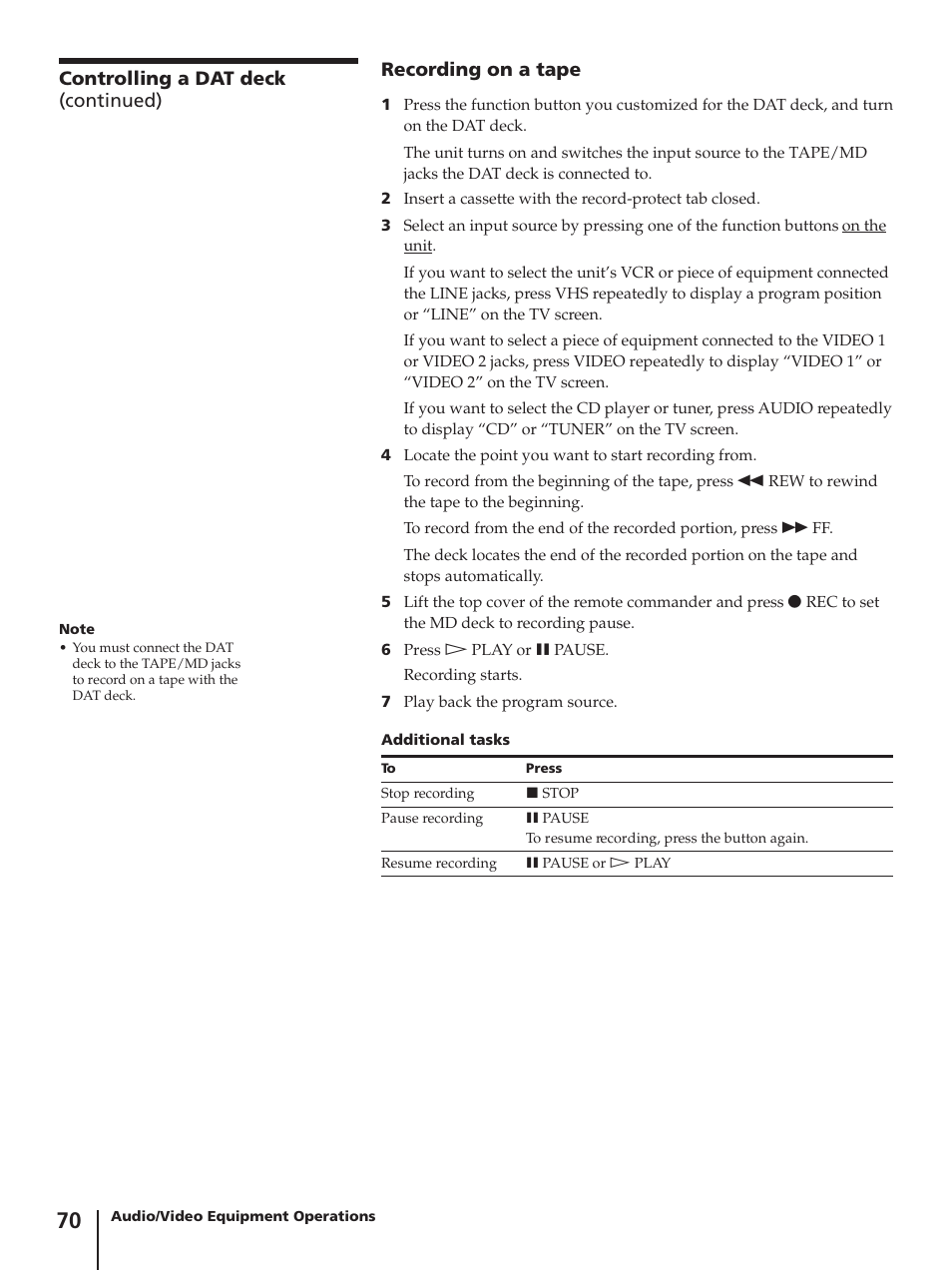Recording on a tape, Controlling a dat deck (continued) | Sony SLV-AV100C User Manual | Page 70 / 104