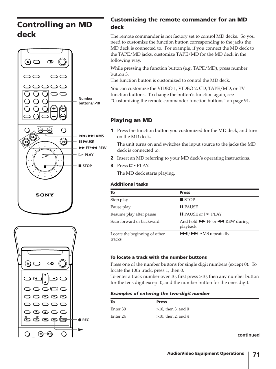 Controlling an md deck, Customizing the remote commander for an md deck, Playing an md | Sony SLV-AV100C User Manual | Page 71 / 104