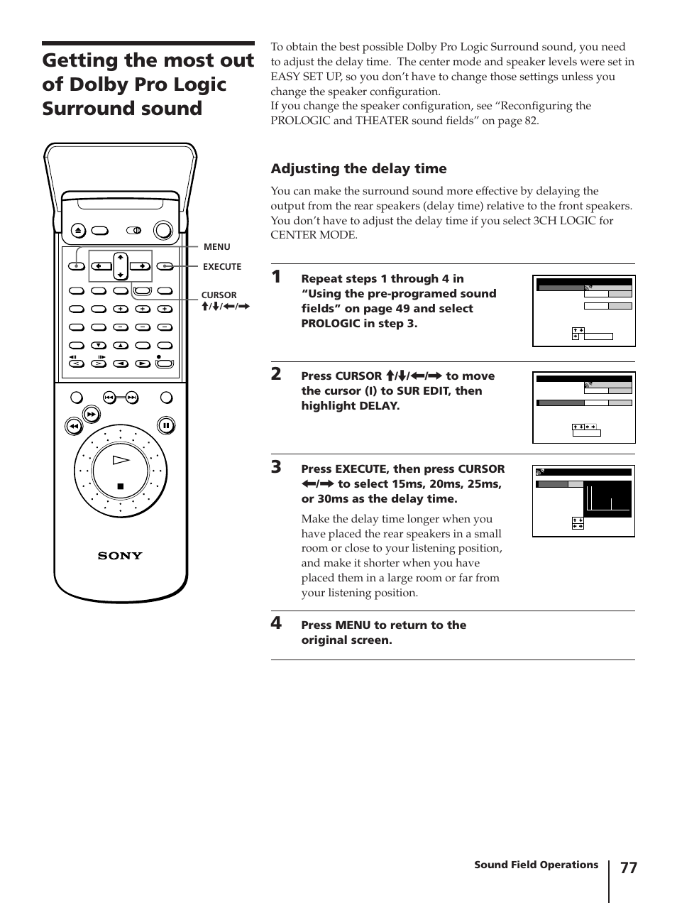 Adjusting the delay time, Press menu to return to the original screen | Sony SLV-AV100C User Manual | Page 77 / 104