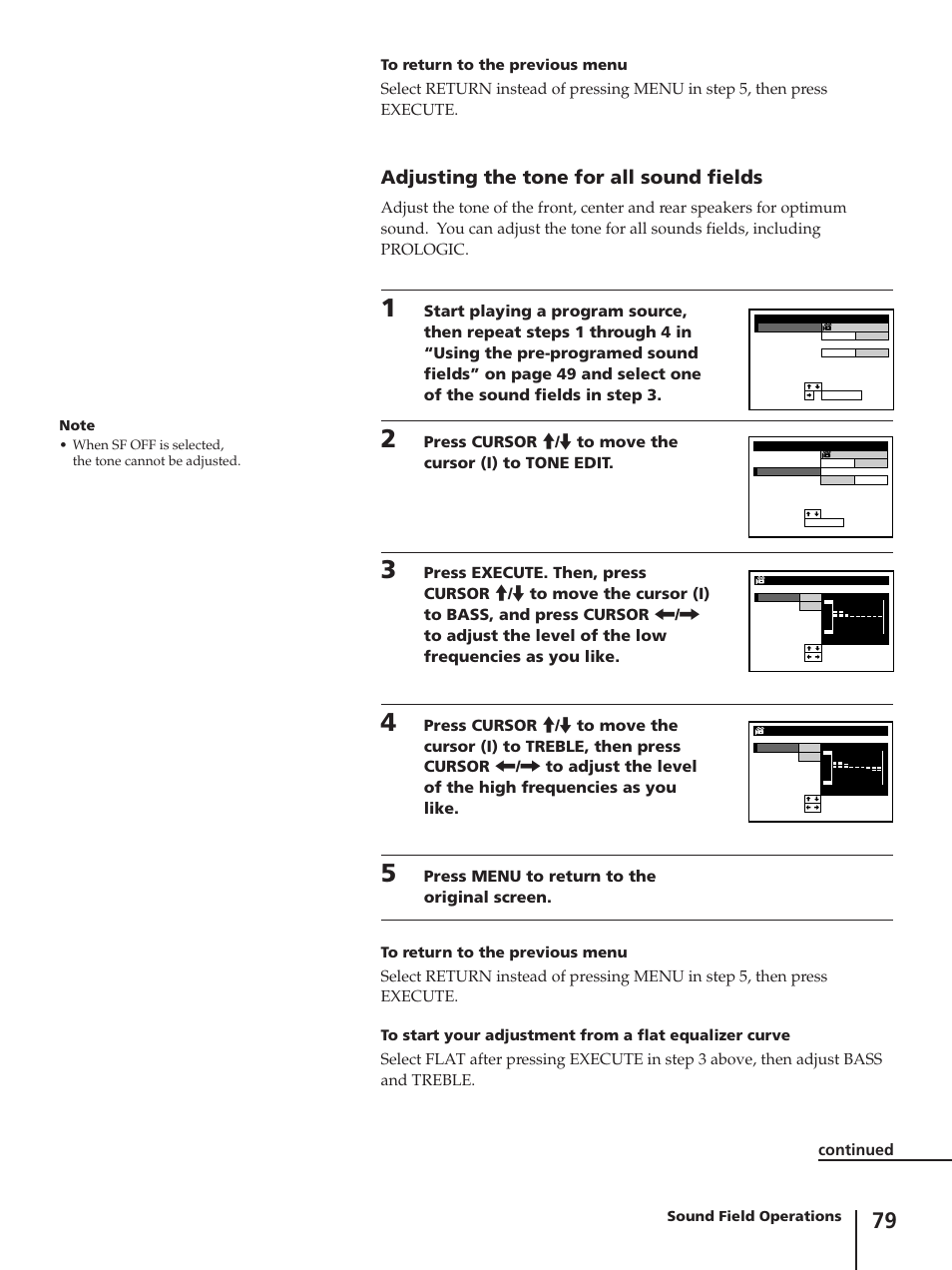 Adjusting the tone for all sound fields, Press menu to return to the original screen | Sony SLV-AV100C User Manual | Page 79 / 104