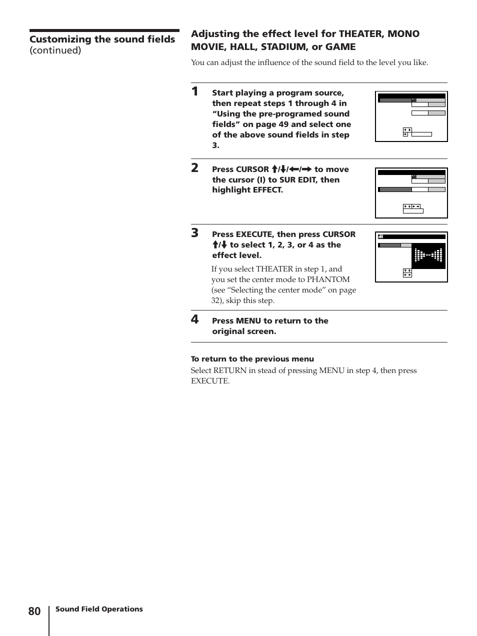 Customizing the sound fields (continued), Press menu to return to the original screen | Sony SLV-AV100C User Manual | Page 80 / 104