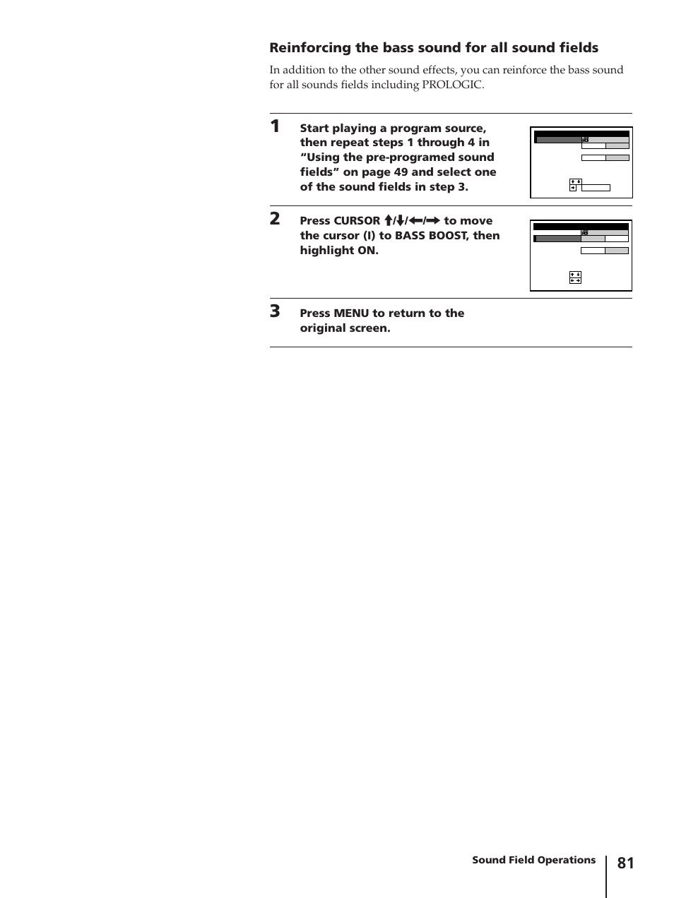 Reinforcing the bass sound for all sound fields, Press menu to return to the original screen | Sony SLV-AV100C User Manual | Page 81 / 104