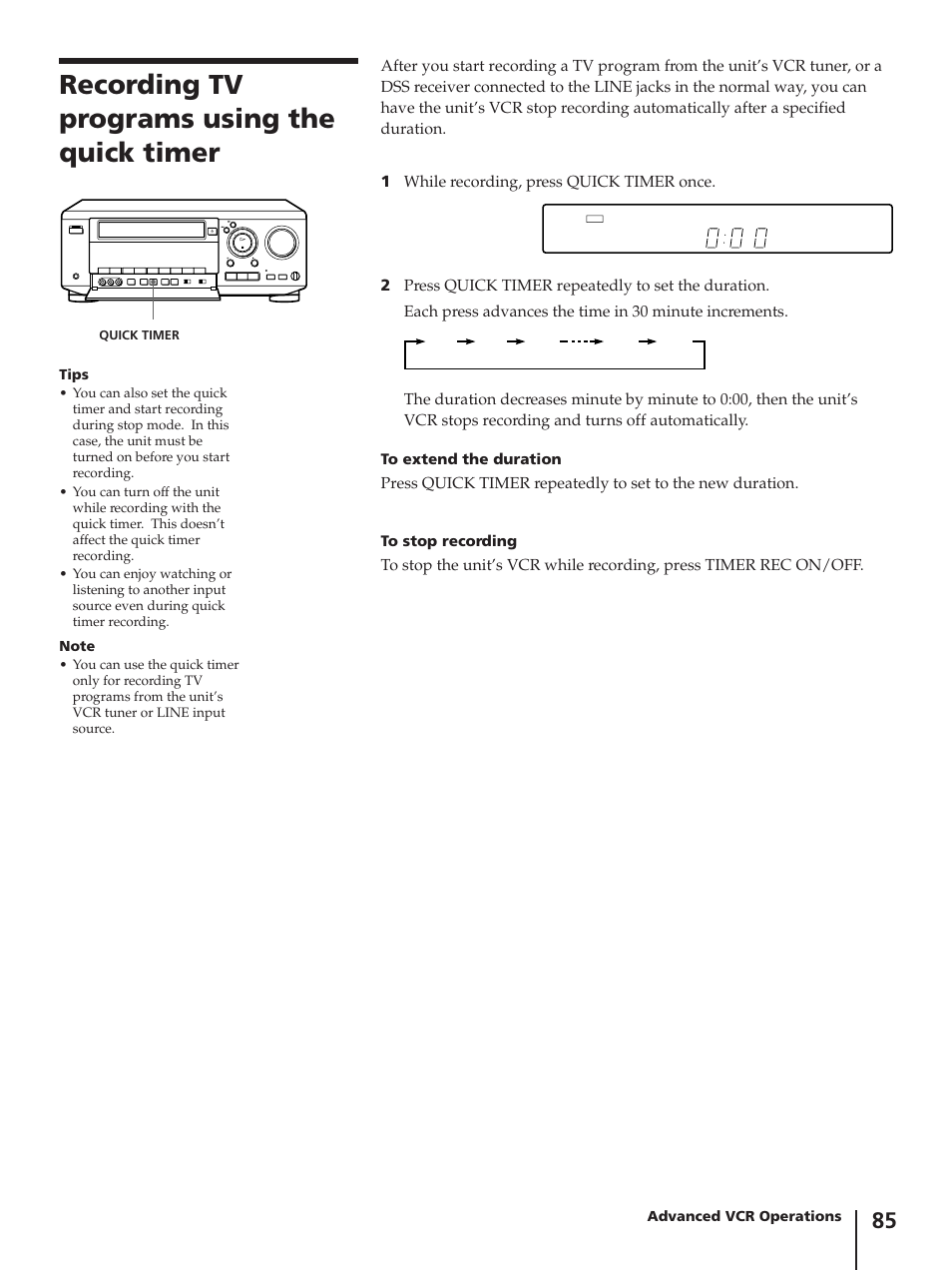 Recording tv programs using the quick timer | Sony SLV-AV100C User Manual | Page 85 / 104