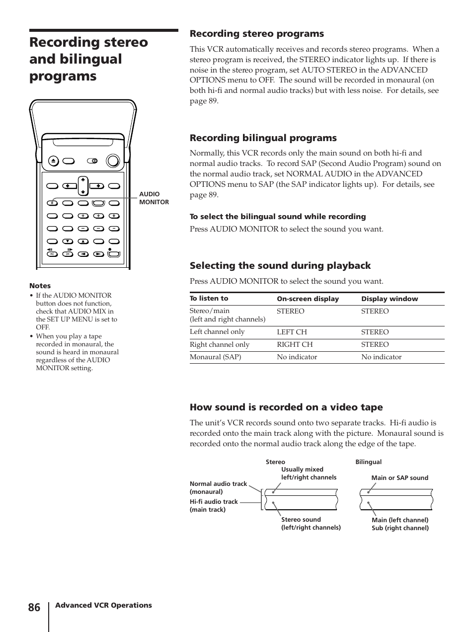Recording stereo and bilingual programs, Recording stereo programs, Recording bilingual programs | Selecting the sound during playback, How sound is recorded on a video tape | Sony SLV-AV100C User Manual | Page 86 / 104