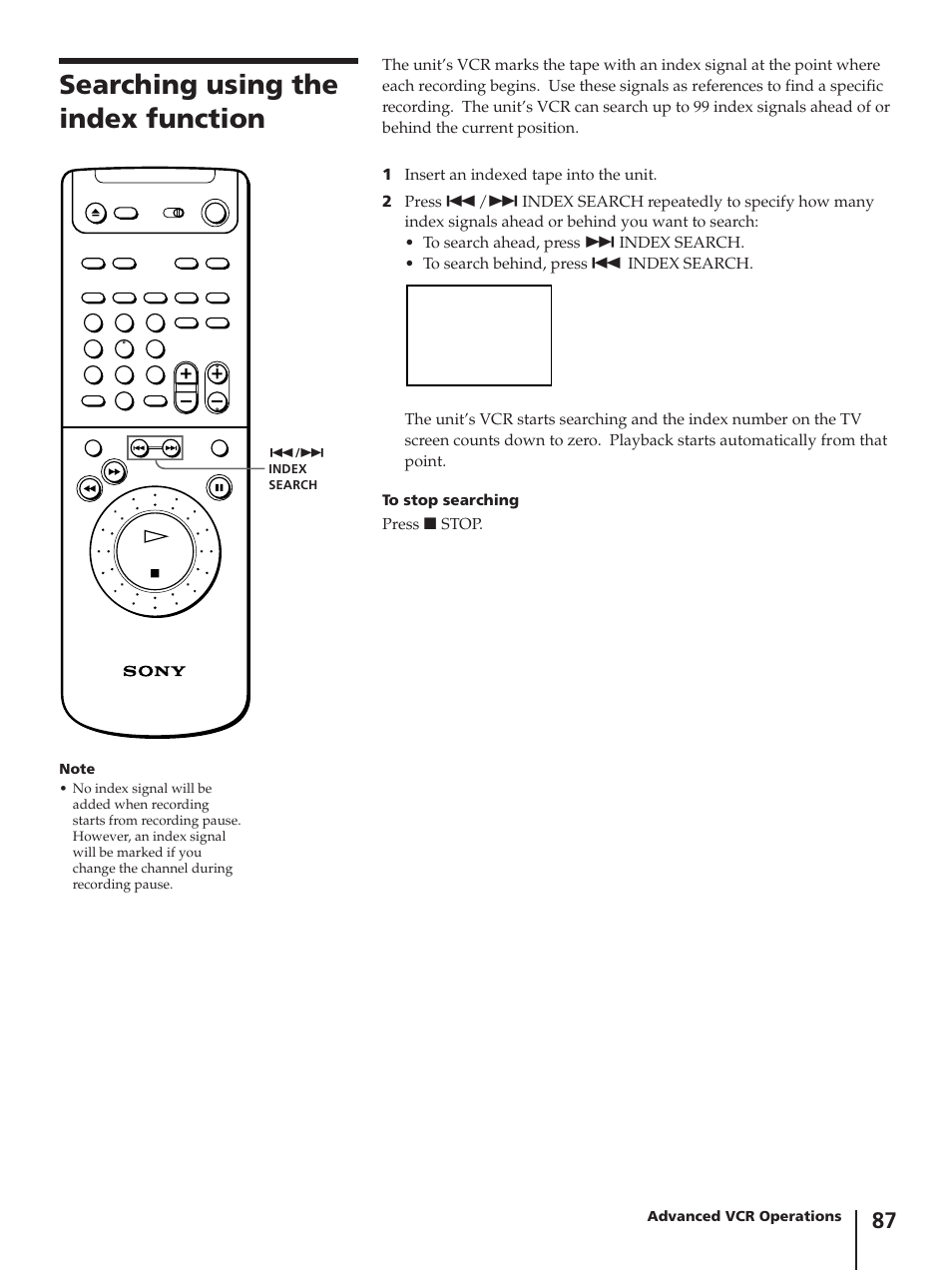 Searching using the index function | Sony SLV-AV100C User Manual | Page 87 / 104