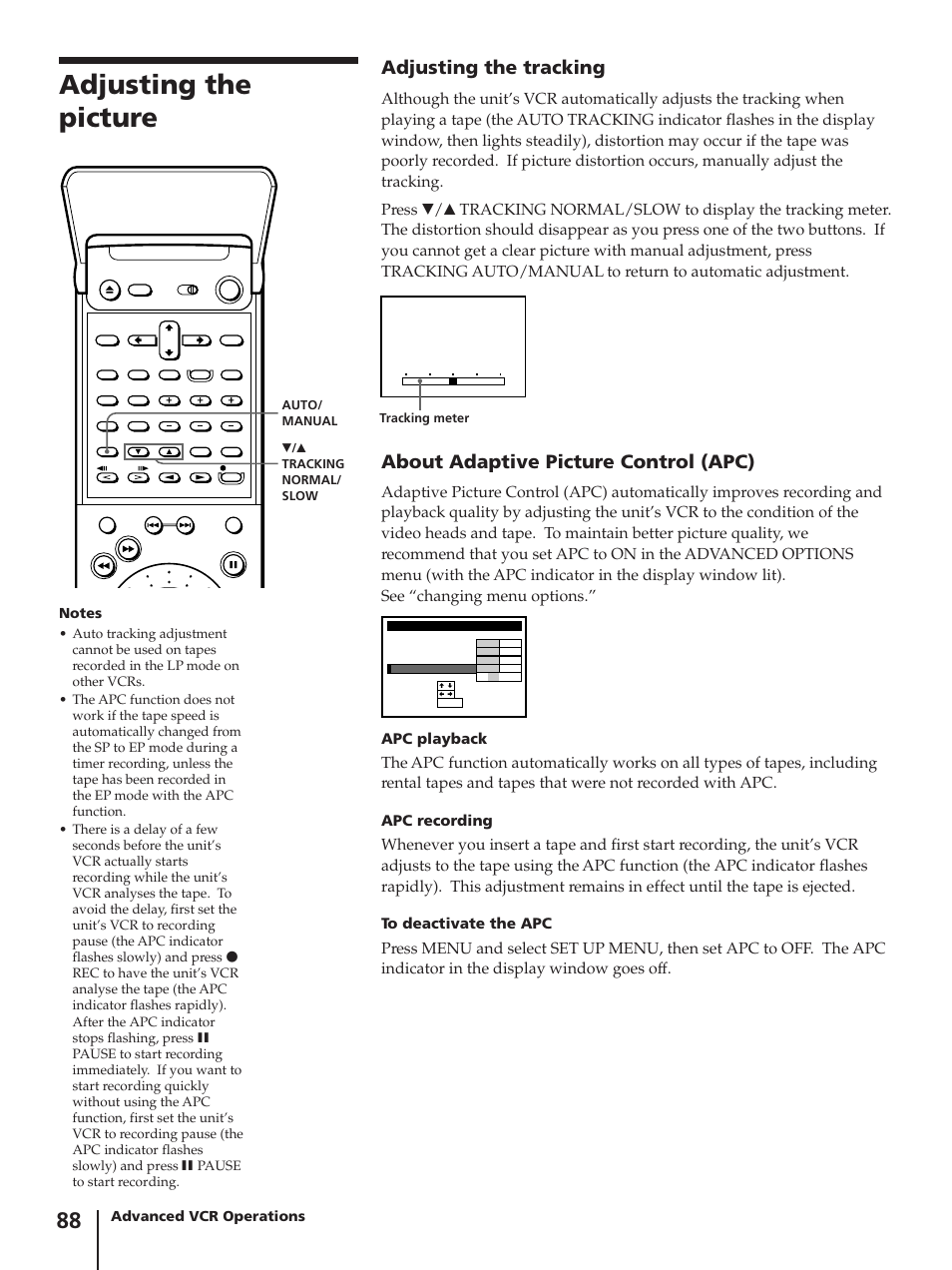 Adjusting the picture, Adjusting the tracking, About adaptive picture control (apc) | Apc playback, Apc recording | Sony SLV-AV100C User Manual | Page 88 / 104