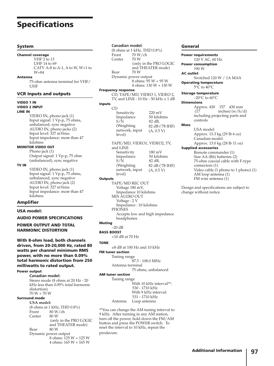 Specifications | Sony SLV-AV100C User Manual | Page 97 / 104