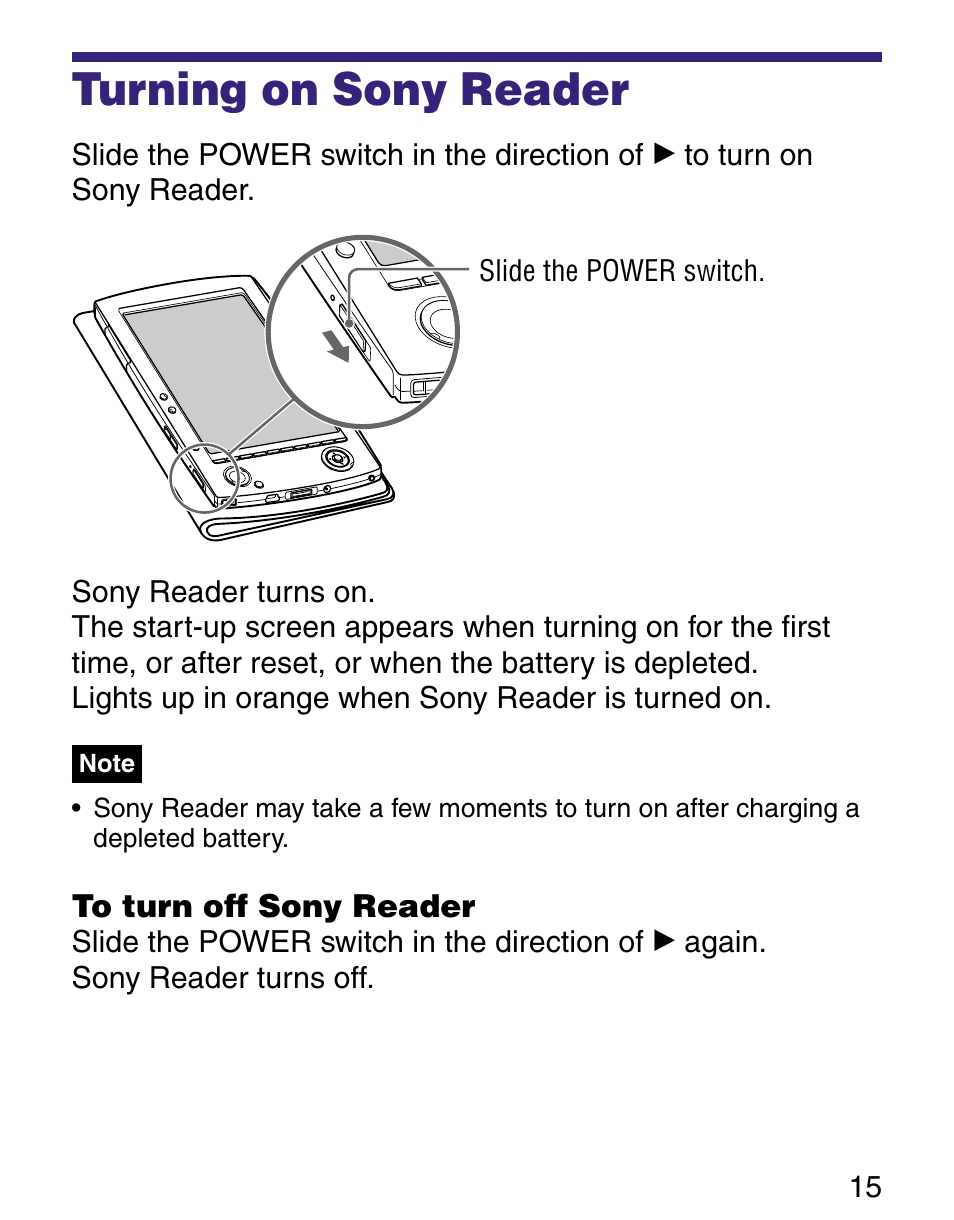 Turning on sony reader | Sony Q READER PRS-500 User Manual | Page 15 / 82