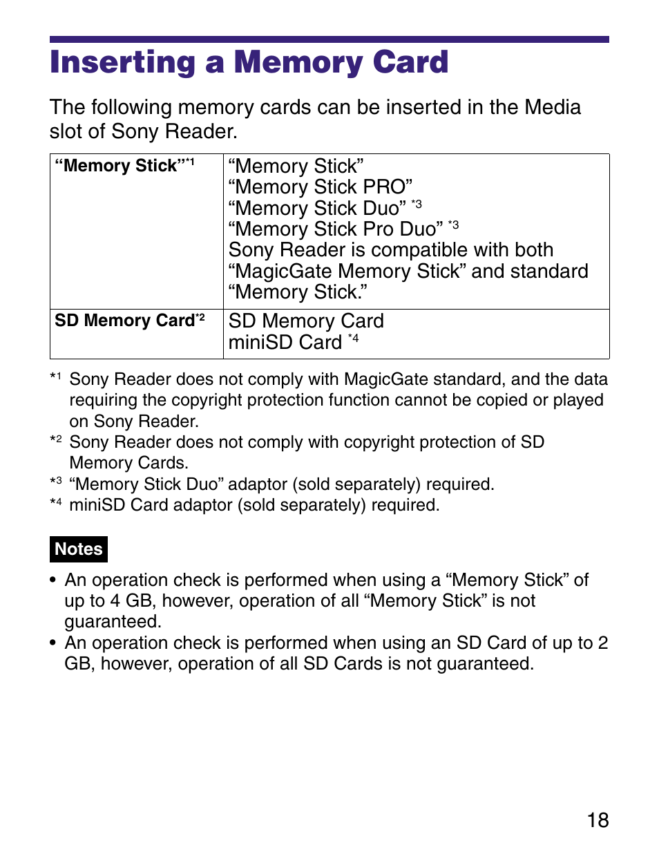 Inserting a memory card | Sony Q READER PRS-500 User Manual | Page 18 / 82