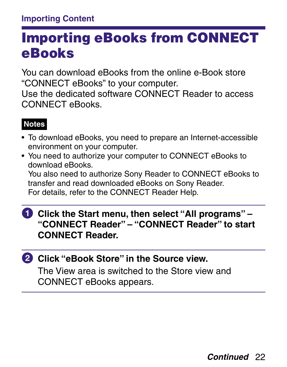 Importing content, Importing ebooks from connect ebooks | Sony Q READER PRS-500 User Manual | Page 22 / 82