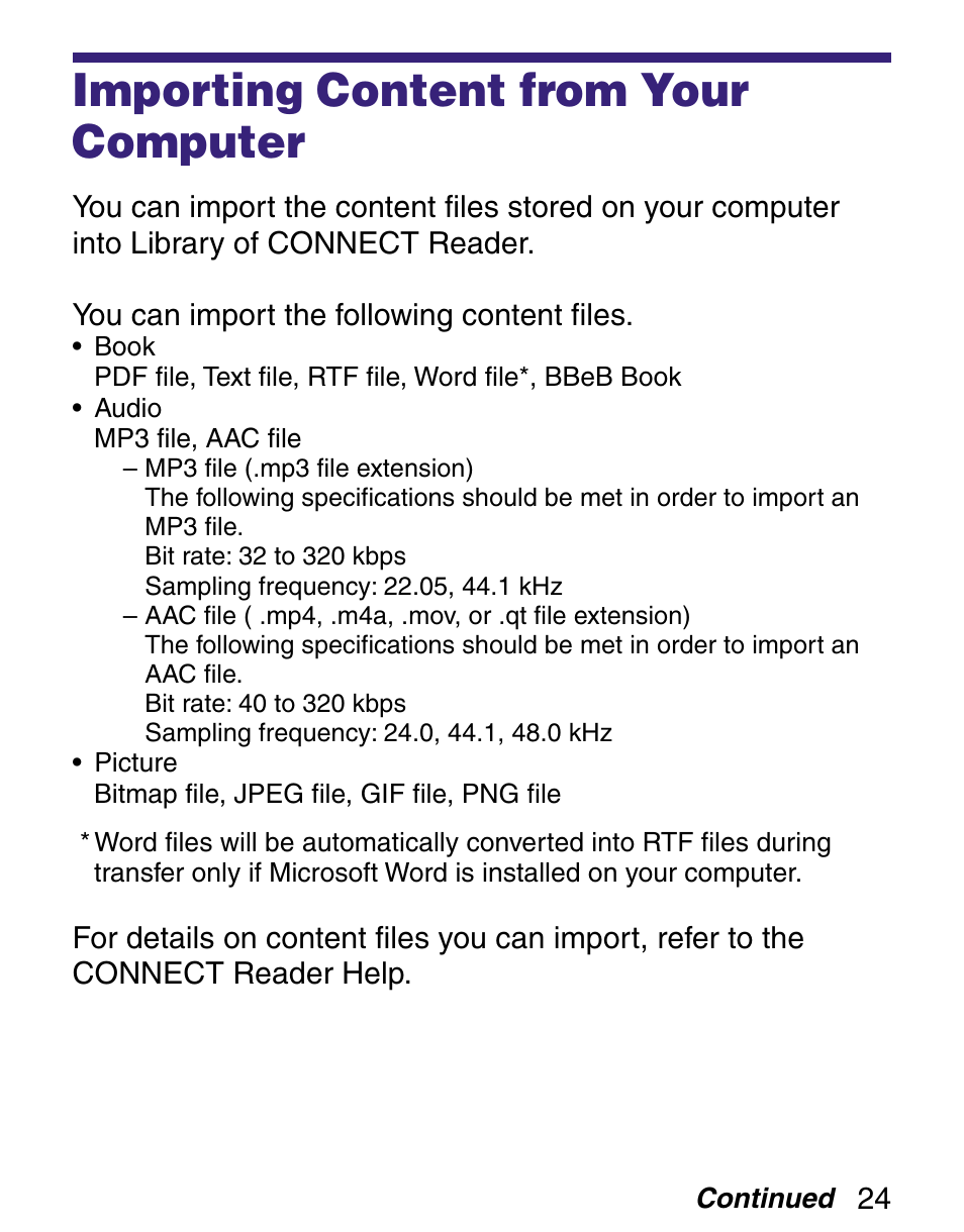 Importing content from your computer, Importing content files, Importing content ﬁles | Sony Q READER PRS-500 User Manual | Page 24 / 82