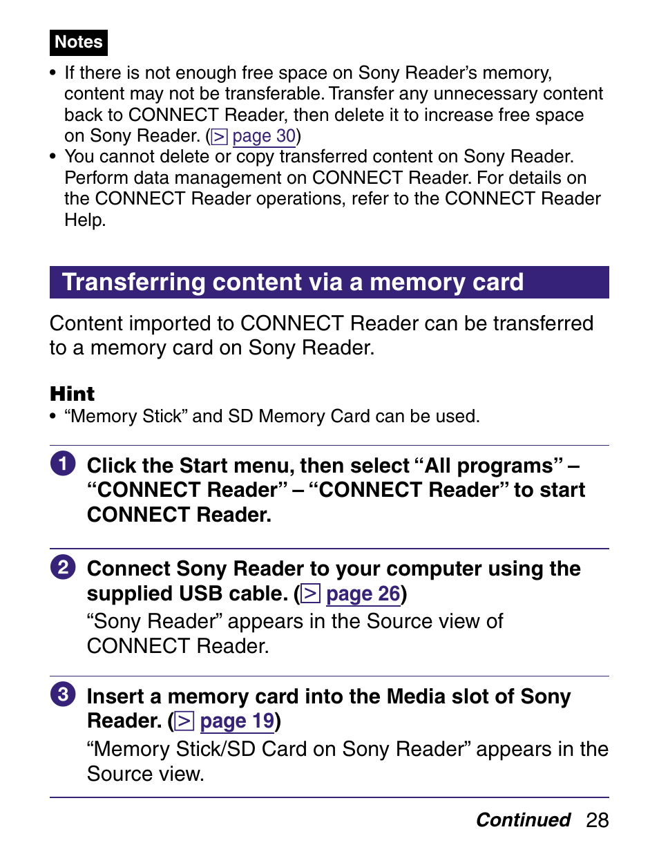 Transferring content via a memory card | Sony Q READER PRS-500 User Manual | Page 28 / 82