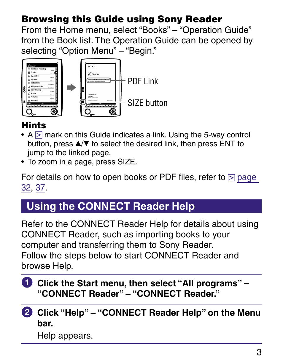 Using the connect reader help | Sony Q READER PRS-500 User Manual | Page 3 / 82