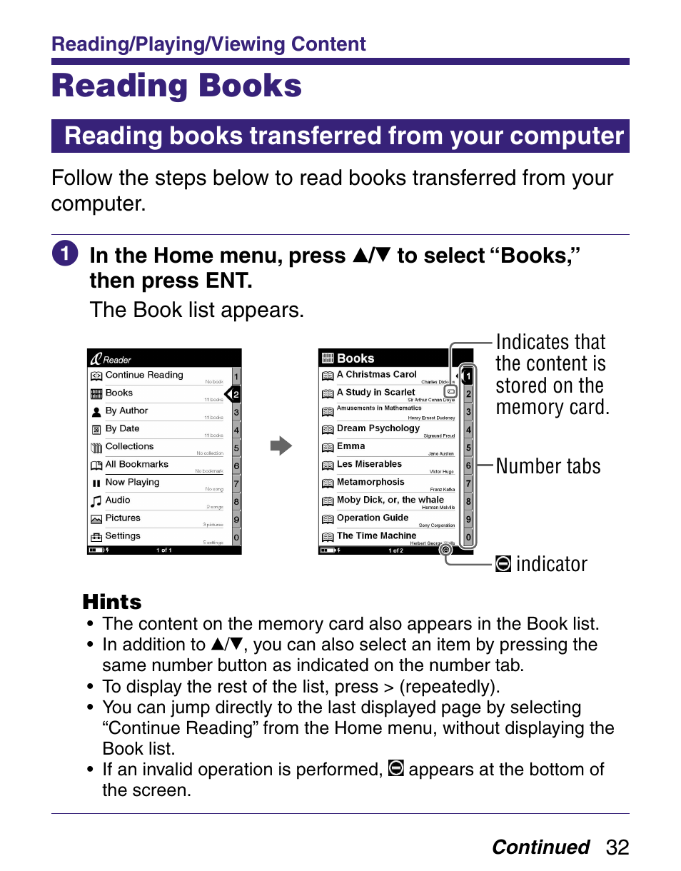 Reading/playing/viewing content, Reading books, Reading books transferred from your computer | Er to | Sony Q READER PRS-500 User Manual | Page 32 / 82