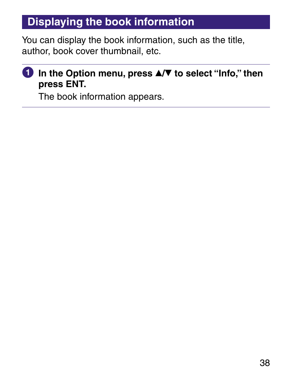 Displaying the book information, O display the book information | Sony Q READER PRS-500 User Manual | Page 38 / 82