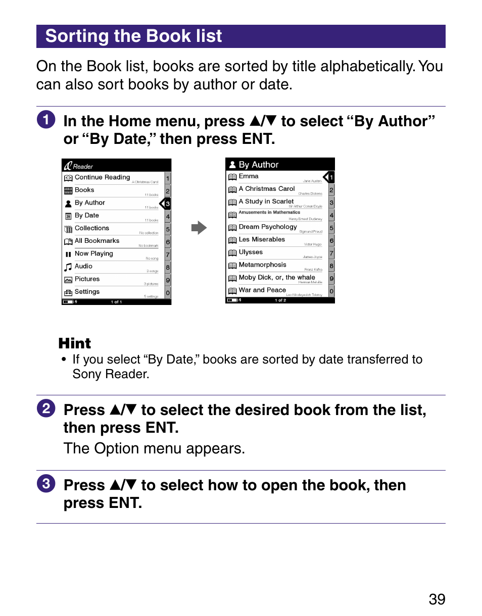 Sorting the book list | Sony Q READER PRS-500 User Manual | Page 39 / 82