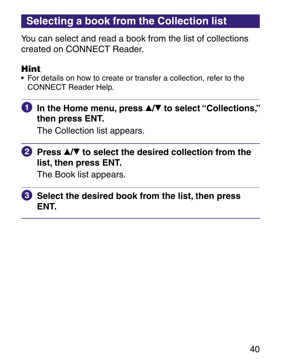 Selecting a book from the collection list | Sony Q READER PRS-500 User Manual | Page 40 / 82