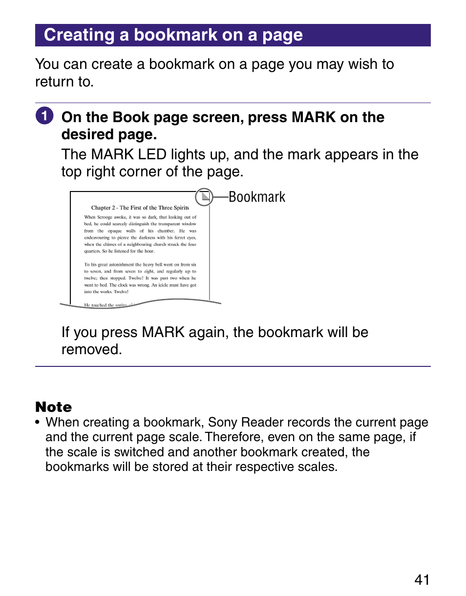 O open the bookmark list, Creating a bookmark on a page | Sony Q READER PRS-500 User Manual | Page 41 / 82