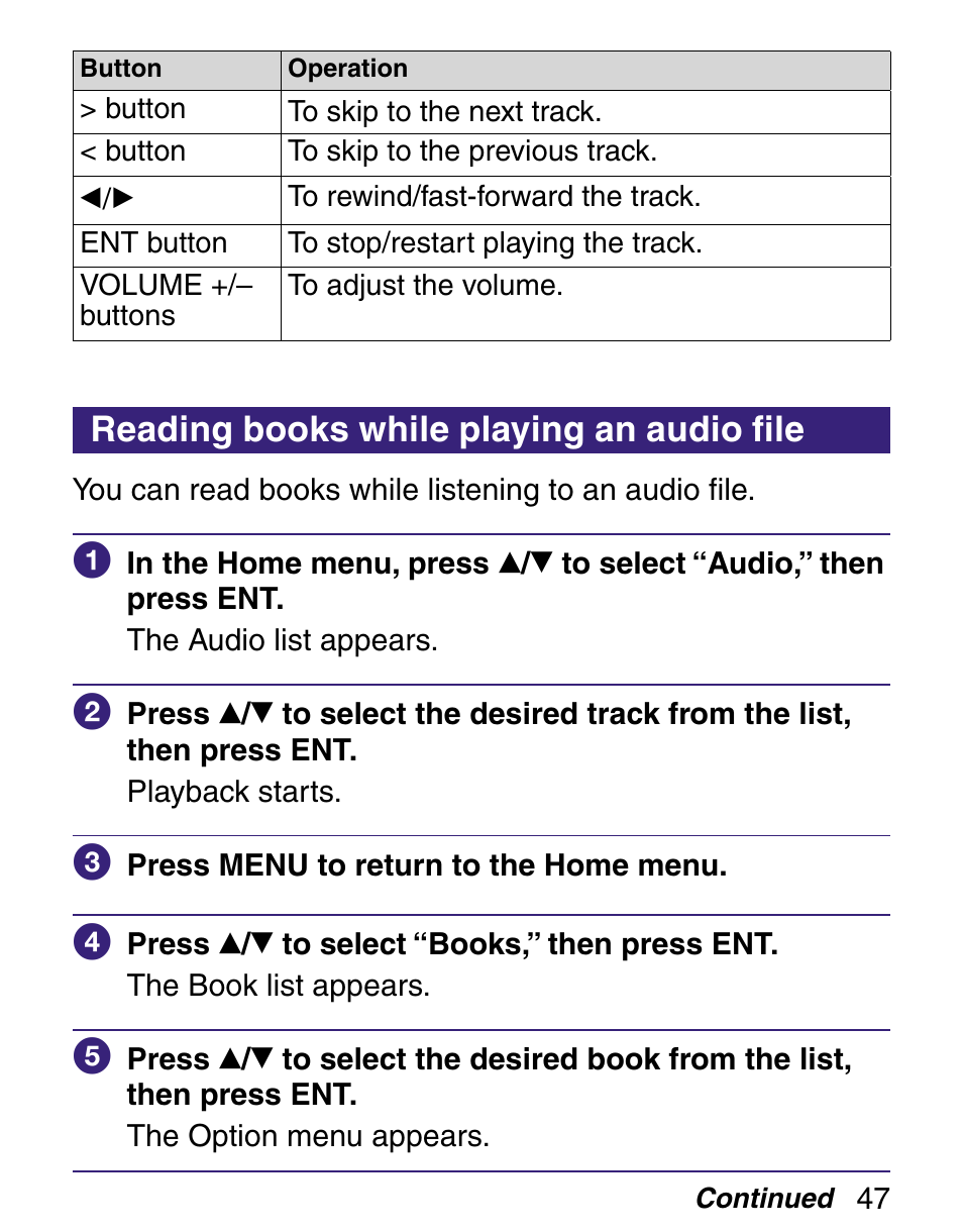 Reading books while playing an audio file, Reading books while playing an audio ﬁle | Sony Q READER PRS-500 User Manual | Page 47 / 82