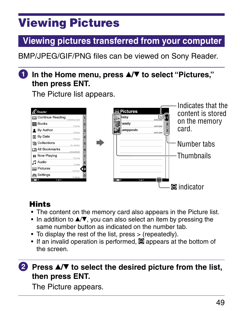 Viewing pictures, Viewing pictures transferred from your computer | Sony Q READER PRS-500 User Manual | Page 49 / 82