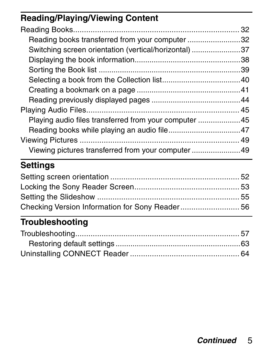 Reading/playing/viewing content, Settings, Troubleshooting | Sony Q READER PRS-500 User Manual | Page 5 / 82