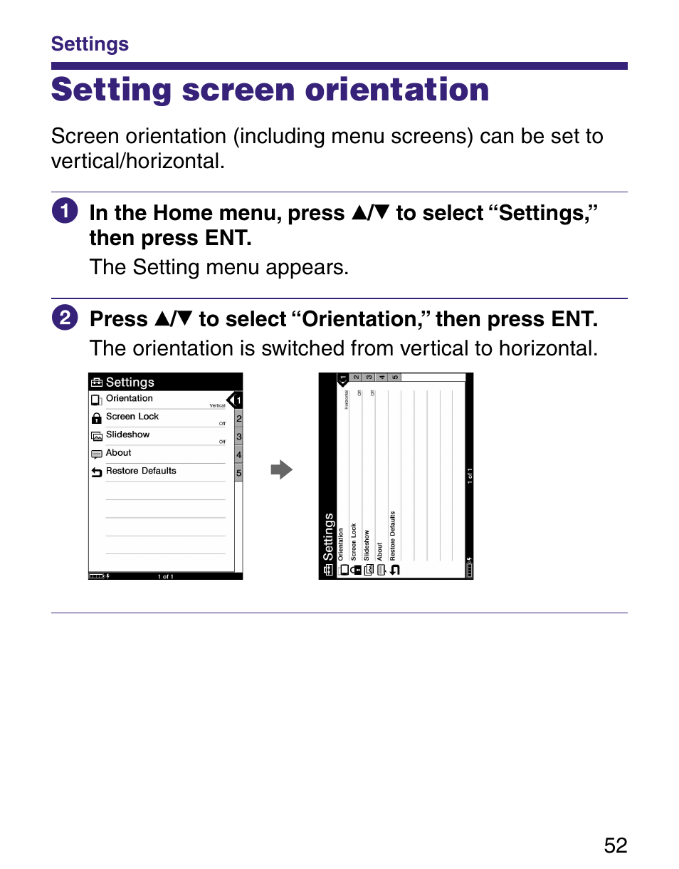 Settings, Setting screen orientation | Sony Q READER PRS-500 User Manual | Page 52 / 82