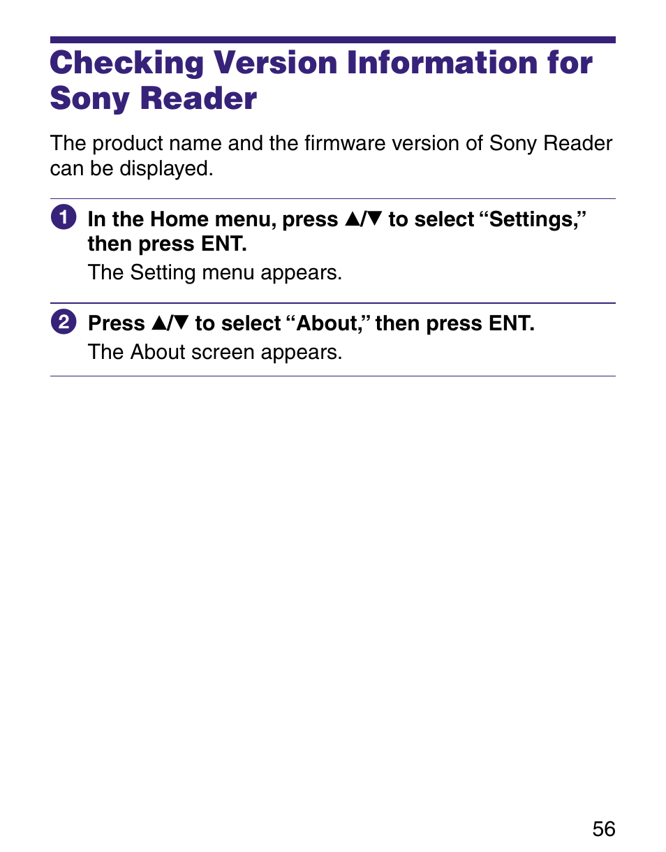 Checking version information for sony reader | Sony Q READER PRS-500 User Manual | Page 56 / 82