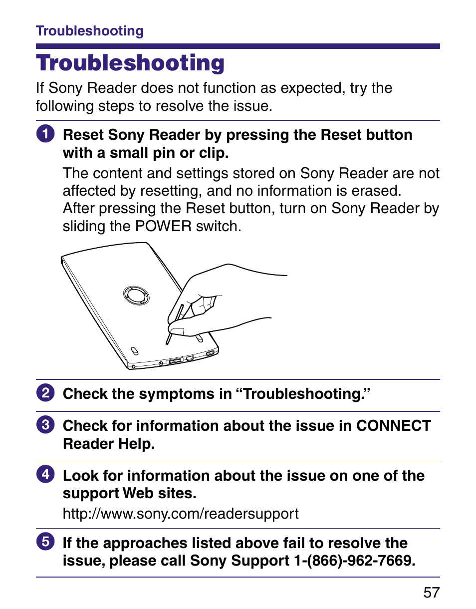 Troubleshooting | Sony Q READER PRS-500 User Manual | Page 57 / 82