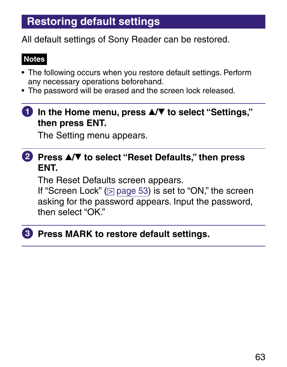 Restoring default settings | Sony Q READER PRS-500 User Manual | Page 63 / 82