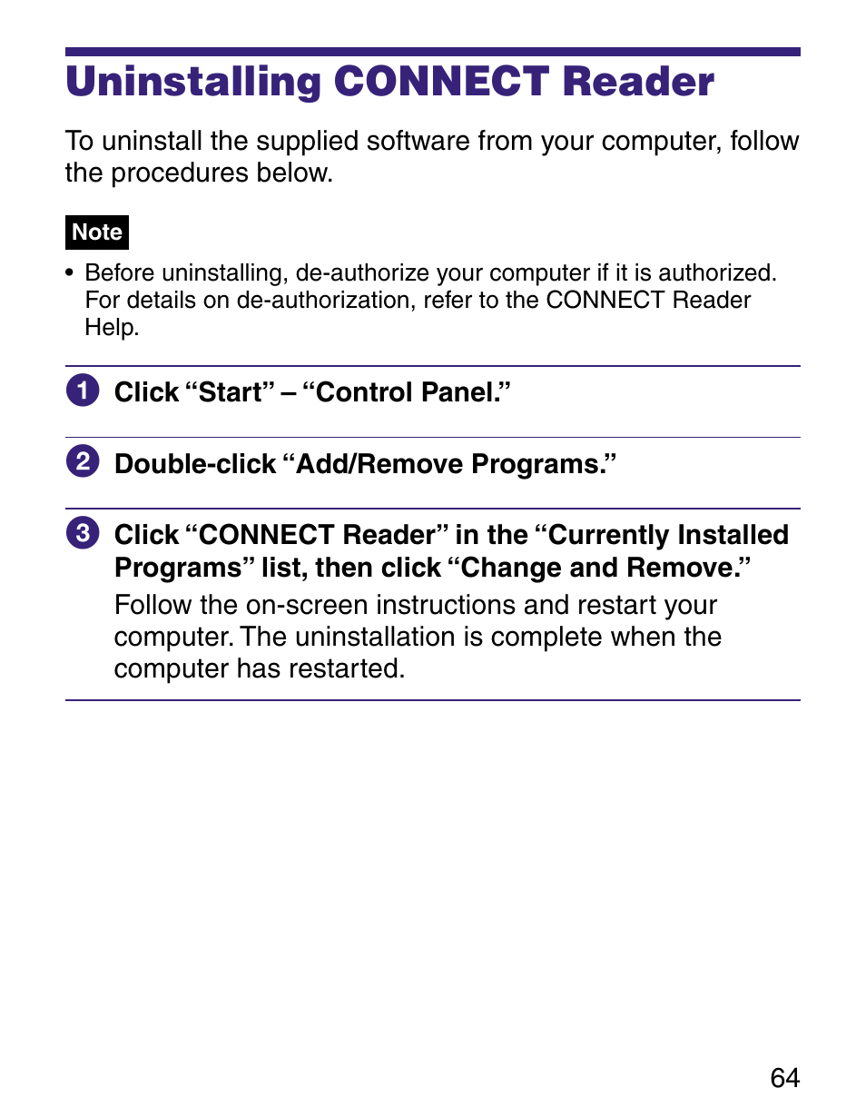 Uninstalling connect reader | Sony Q READER PRS-500 User Manual | Page 64 / 82