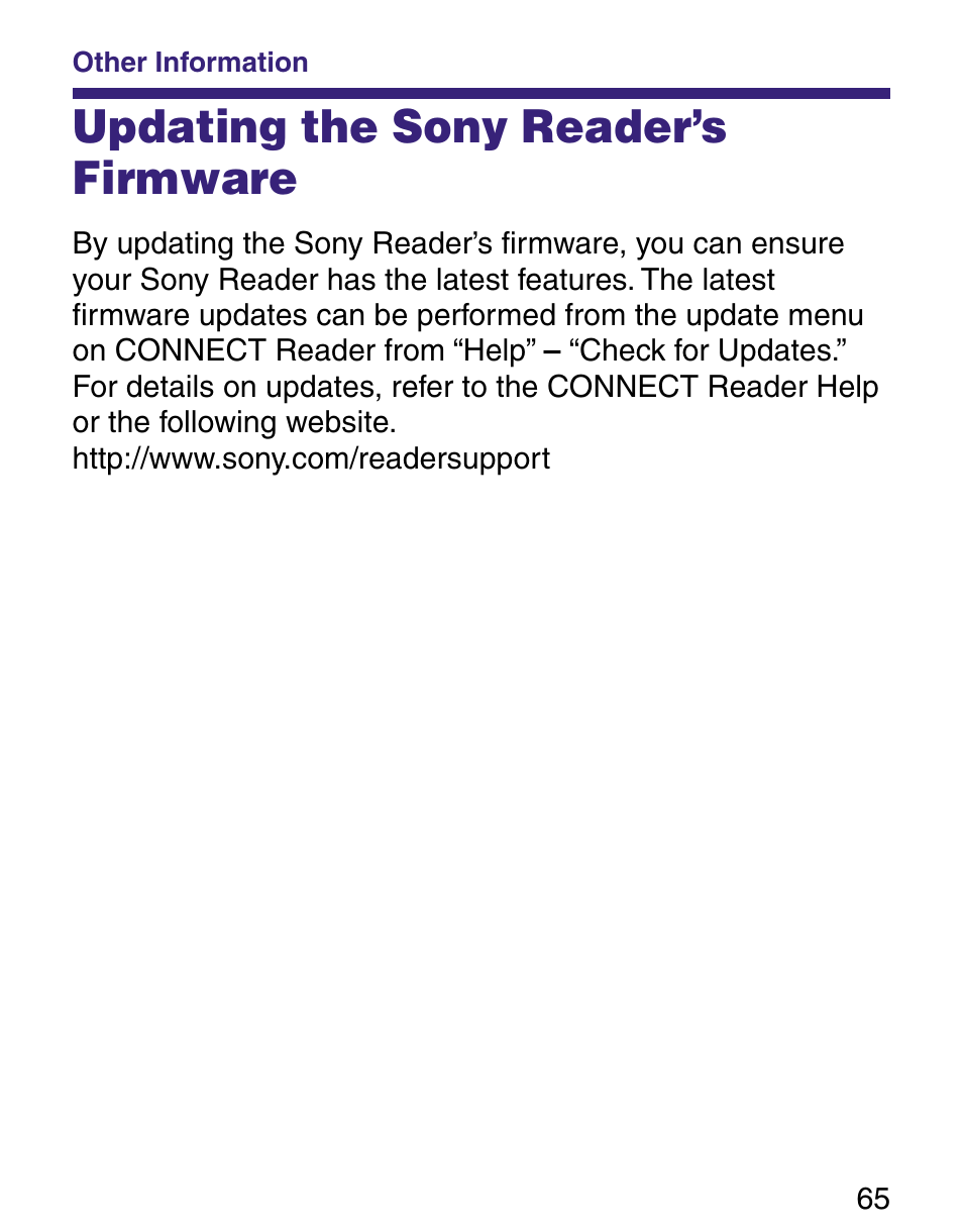 Other information, Updating the sony reader’s firmware | Sony Q READER PRS-500 User Manual | Page 65 / 82