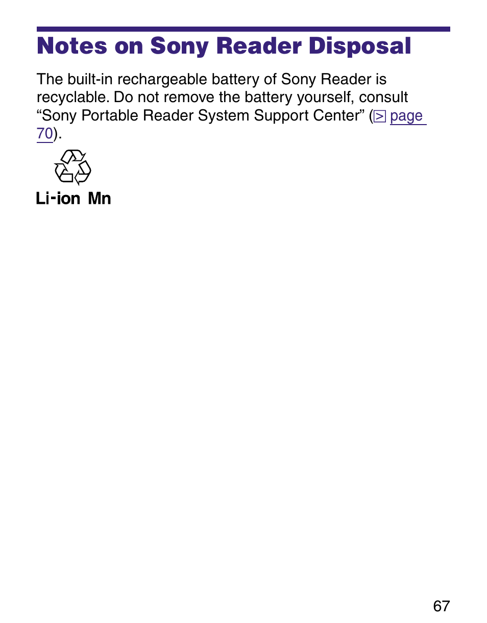 Notes on sony reader disposal | Sony Q READER PRS-500 User Manual | Page 67 / 82