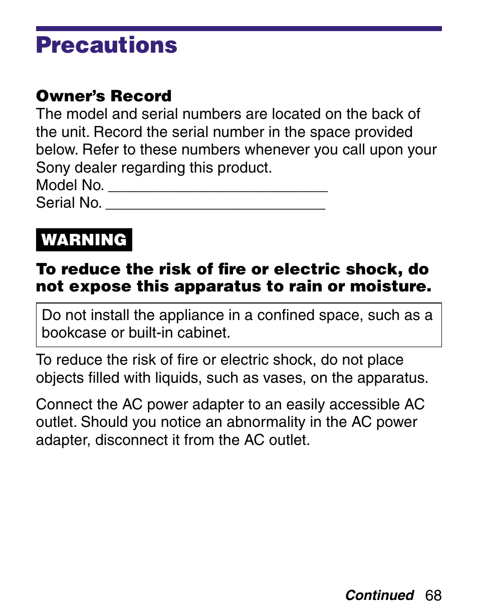 Precautions | Sony Q READER PRS-500 User Manual | Page 68 / 82