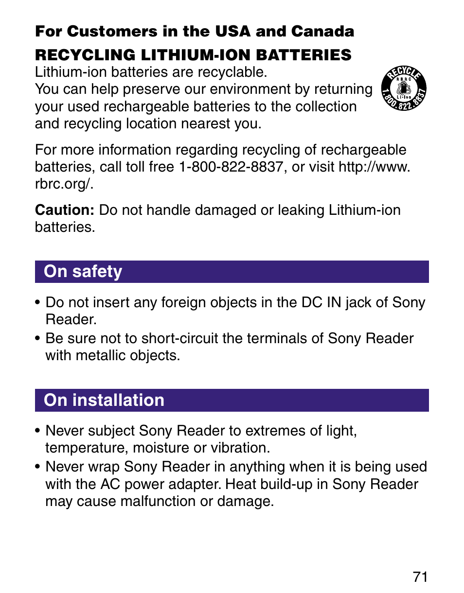 On safety, On installation, On safety on installation | Sony Q READER PRS-500 User Manual | Page 71 / 82