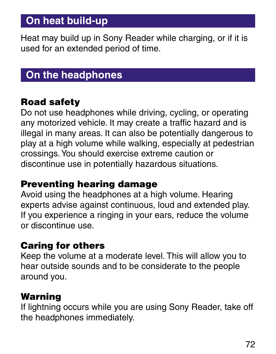 On heat build-up, On the headphones, On heat build-up on the headphones | Sony Q READER PRS-500 User Manual | Page 72 / 82