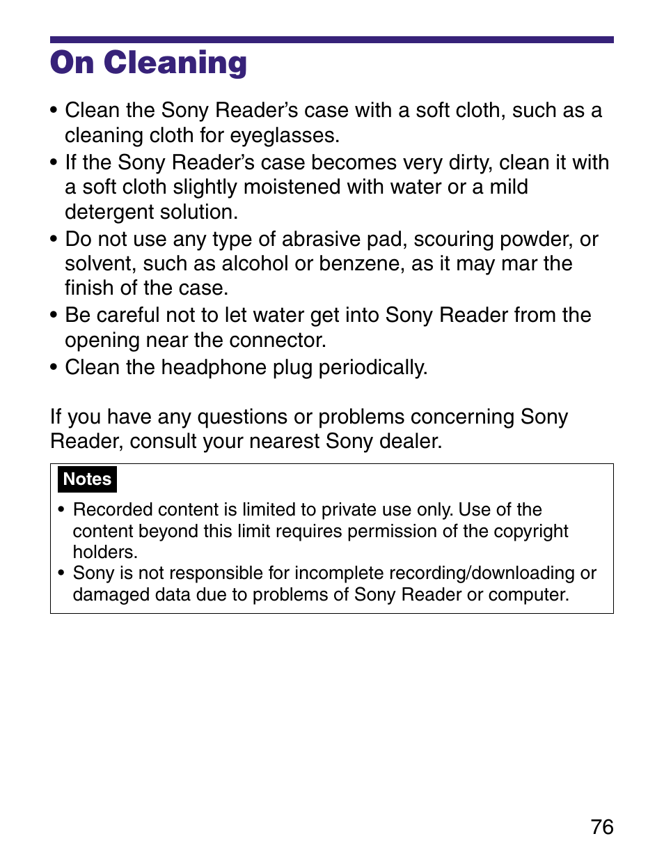 On cleaning | Sony Q READER PRS-500 User Manual | Page 76 / 82