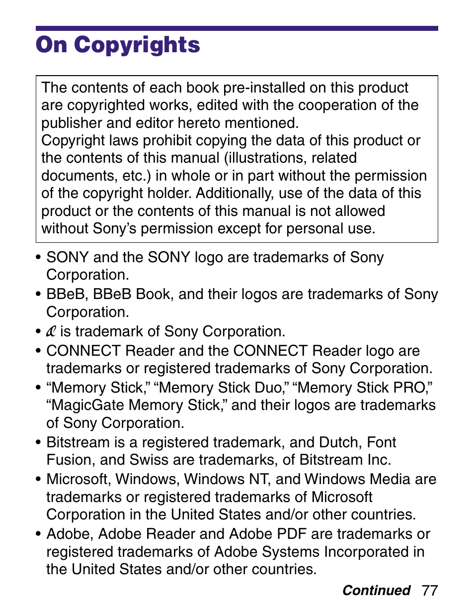 On copyrights | Sony Q READER PRS-500 User Manual | Page 77 / 82