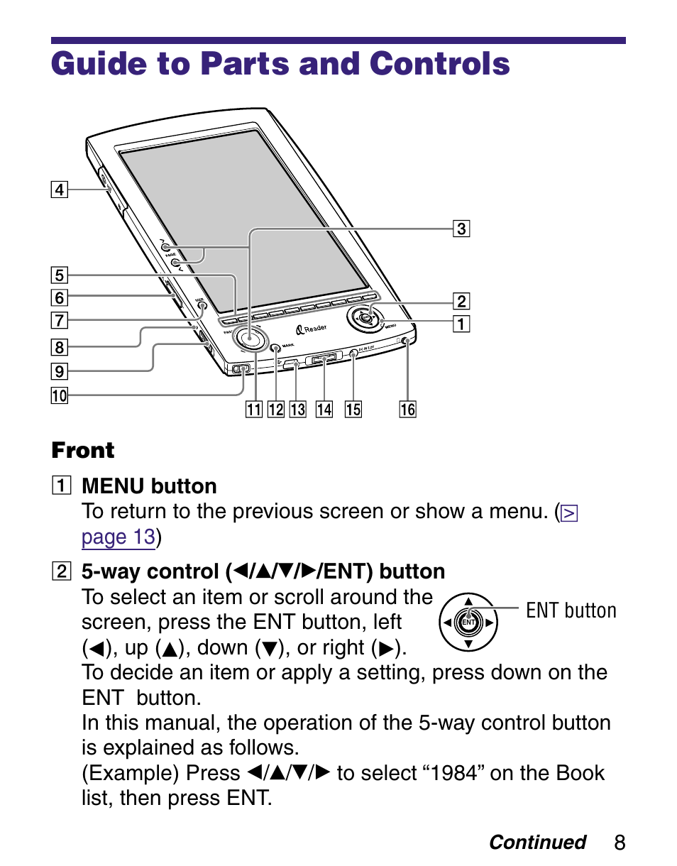 Guide to parts and controls | Sony Q READER PRS-500 User Manual | Page 8 / 82