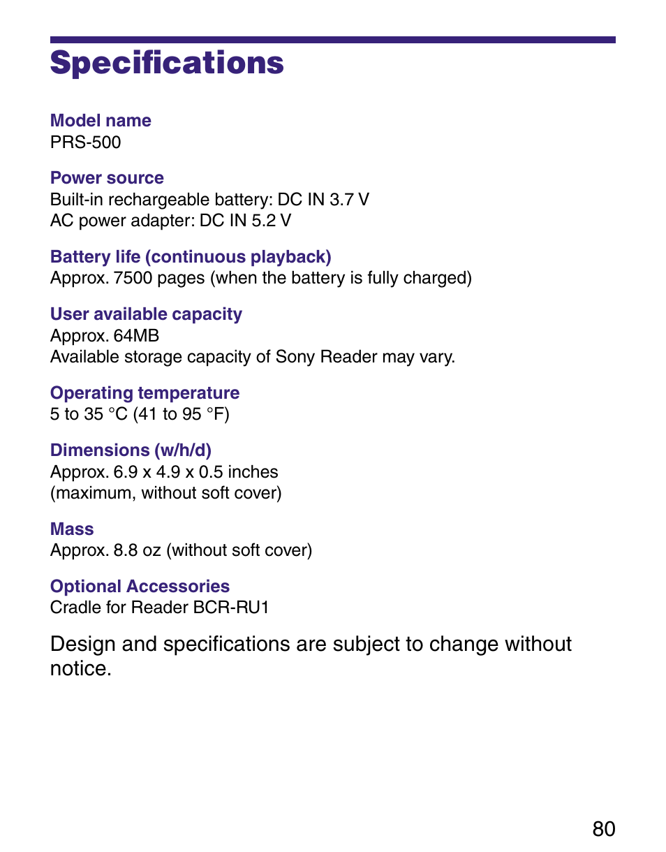 Specifications, Speciﬁcations | Sony Q READER PRS-500 User Manual | Page 80 / 82