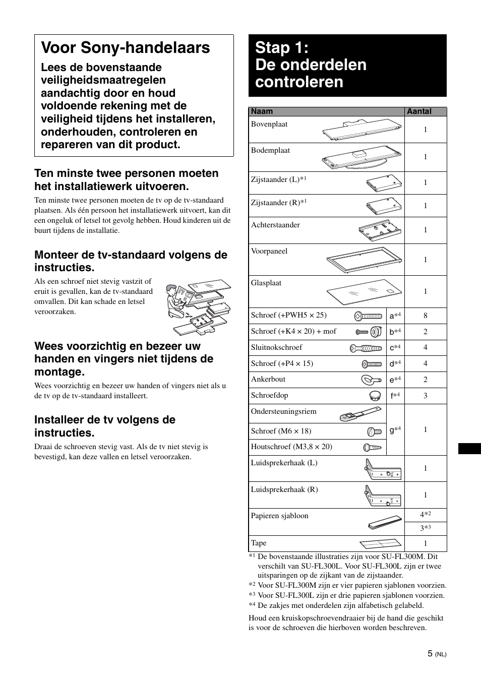 Voor sony-handelaars, Stap 1: de onderdelen controleren, Monteer de tv-standaard volgens de instructies | Installeer de tv volgens de instructies | Sony SU-FL300L User Manual | Page 103 / 292