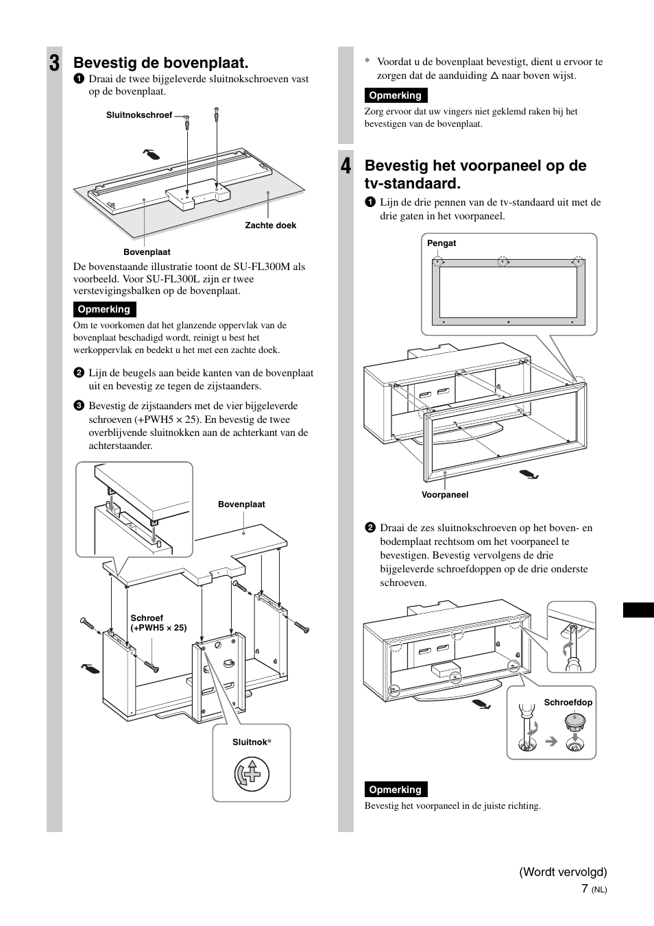 Bevestig de bovenplaat, Bevestig het voorpaneel op de tv-standaard | Sony SU-FL300L User Manual | Page 105 / 292