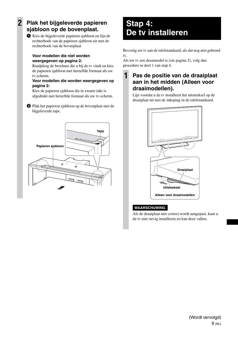 Stap 4: de tv installeren, Stap 4: de tv installeren 1 | Sony SU-FL300L User Manual | Page 107 / 292