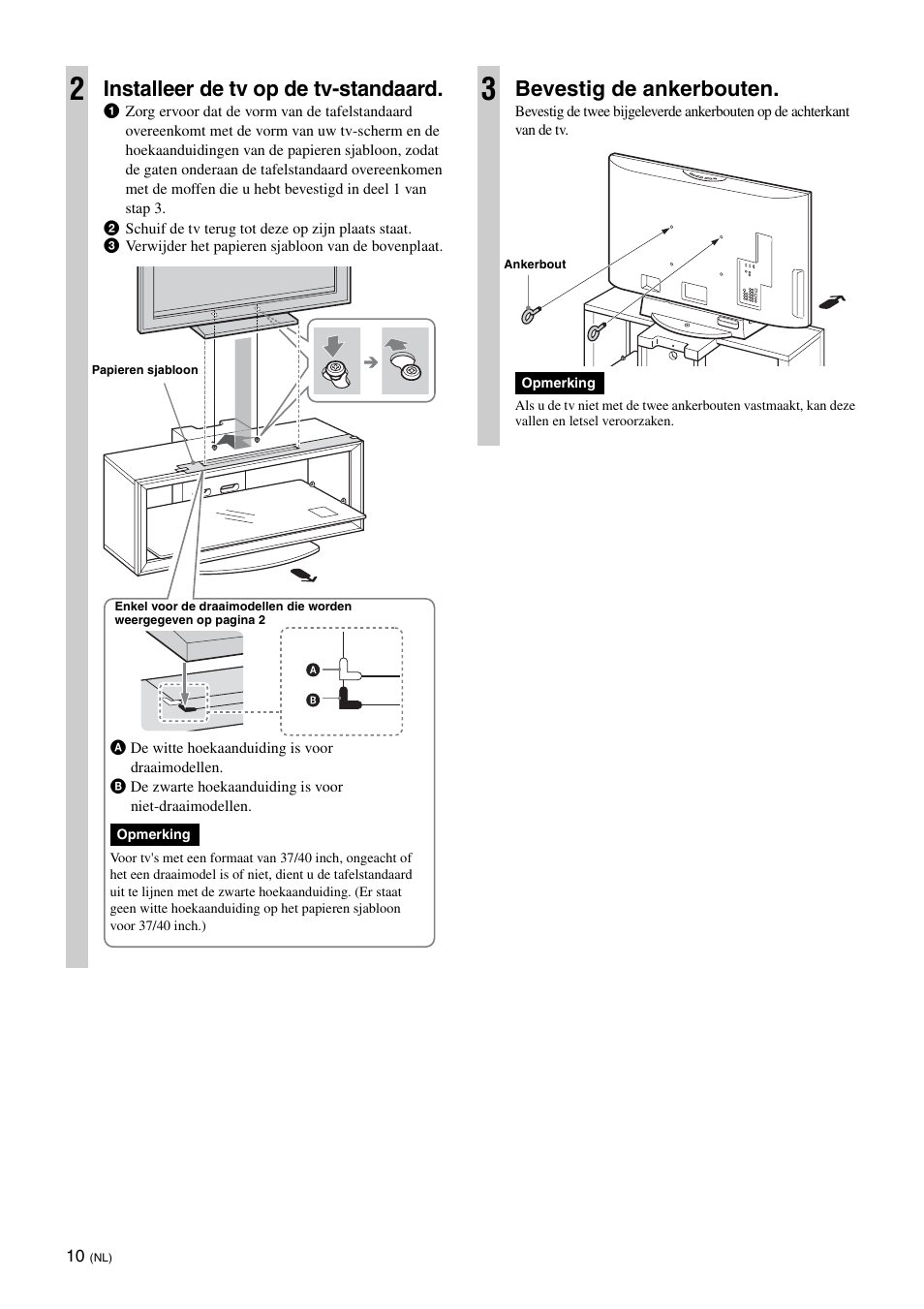 Installeer de tv op de tv-standaard, Bevestig de ankerbouten | Sony SU-FL300L User Manual | Page 108 / 292