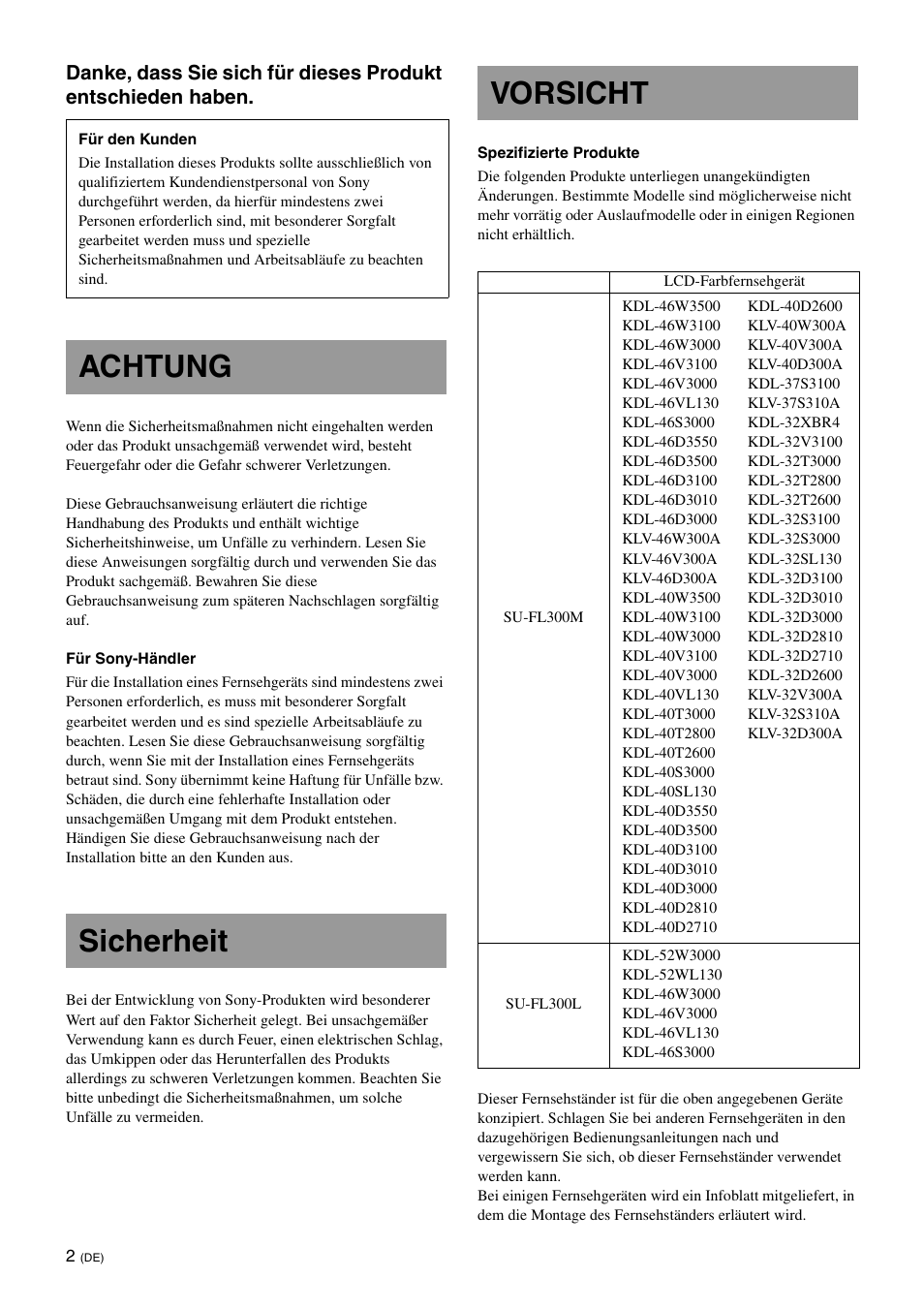 Achtung, Sicherheit, Vorsicht | Achtung sicherheit vorsicht | Sony SU-FL300L User Manual | Page 112 / 292