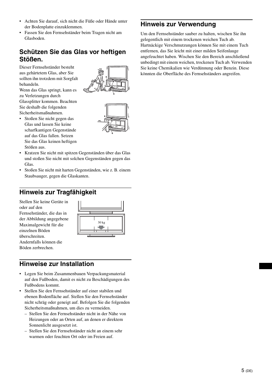 Schützen sie das glas vor heftigen stößen, Hinweis zur tragfähigkeit, Hinweise zur installation | Hinweis zur verwendung | Sony SU-FL300L User Manual | Page 115 / 292