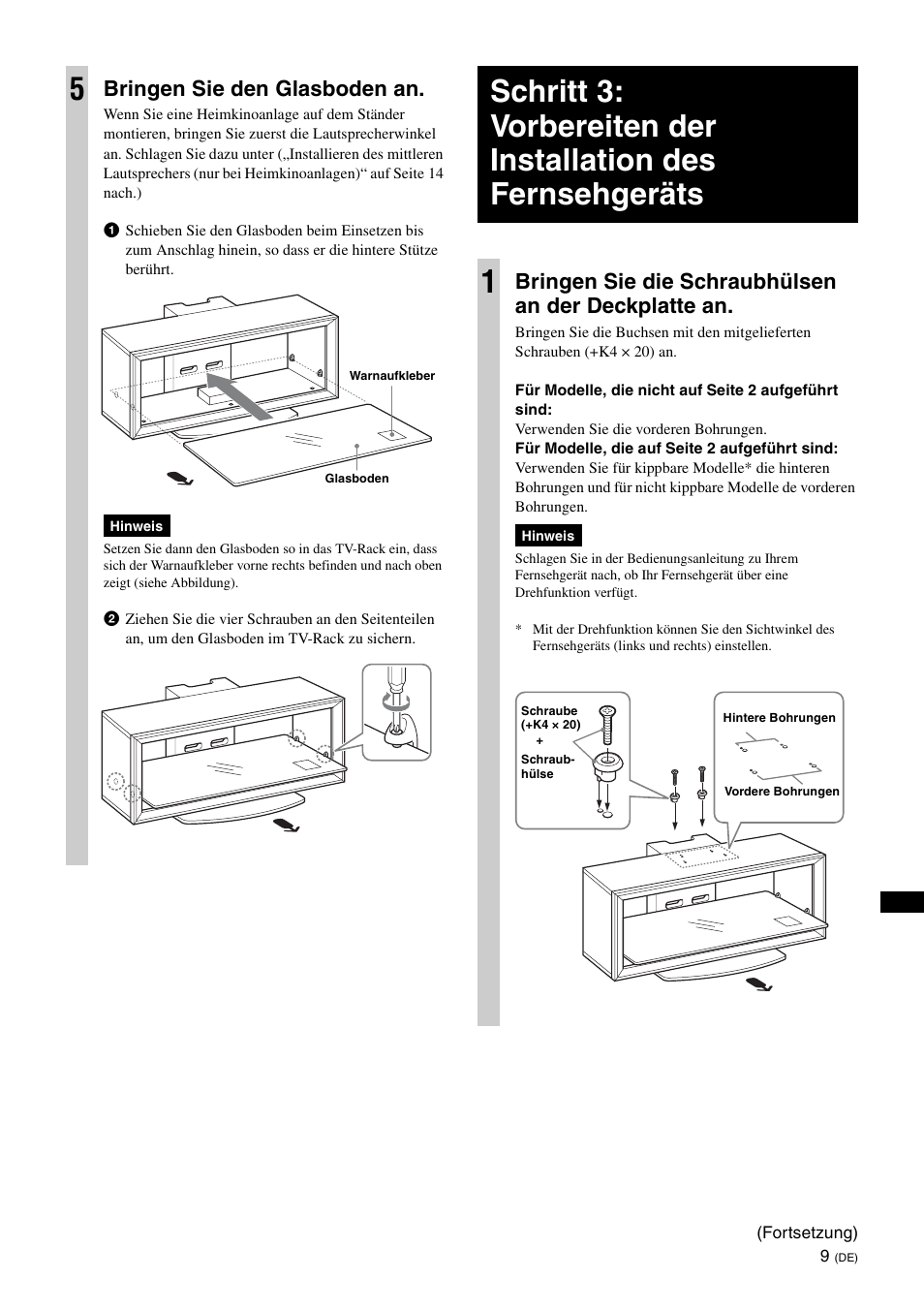 Bringen sie den glasboden an, Bringen sie die schraubhülsen an der deckplatte an | Sony SU-FL300L User Manual | Page 119 / 292